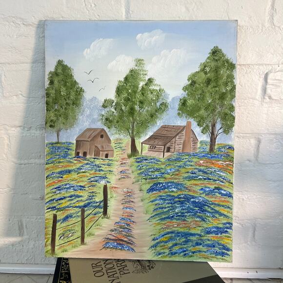 Vintage Farmhouse Landscape Painting | Hand-Painted Countryside Scene - Picture 7 of 10